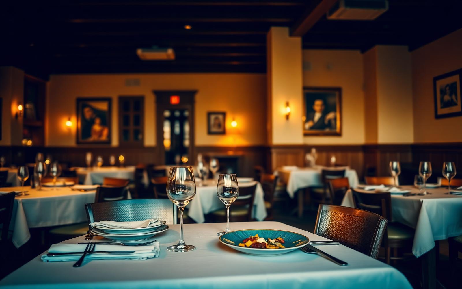 Salón de restaurante con luz dorada y mesas puestas