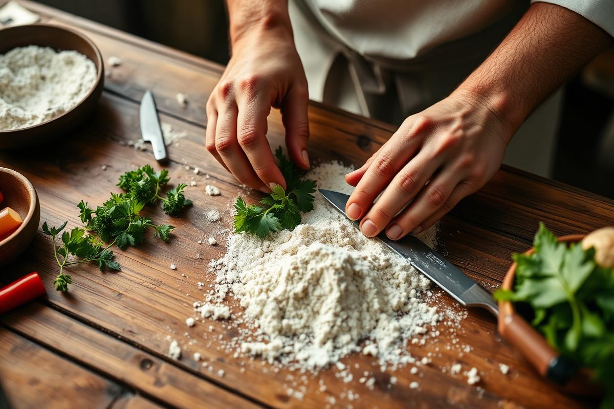 Manos de un cocinero preparando ingredientes sobre una mesa de madera